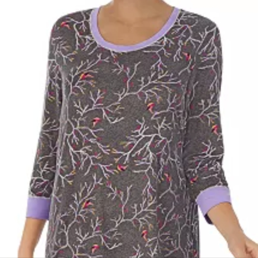 Cuddl Duds Womans Gray and Purple Bird Print Top With 3/4 Sleeves Size Medium